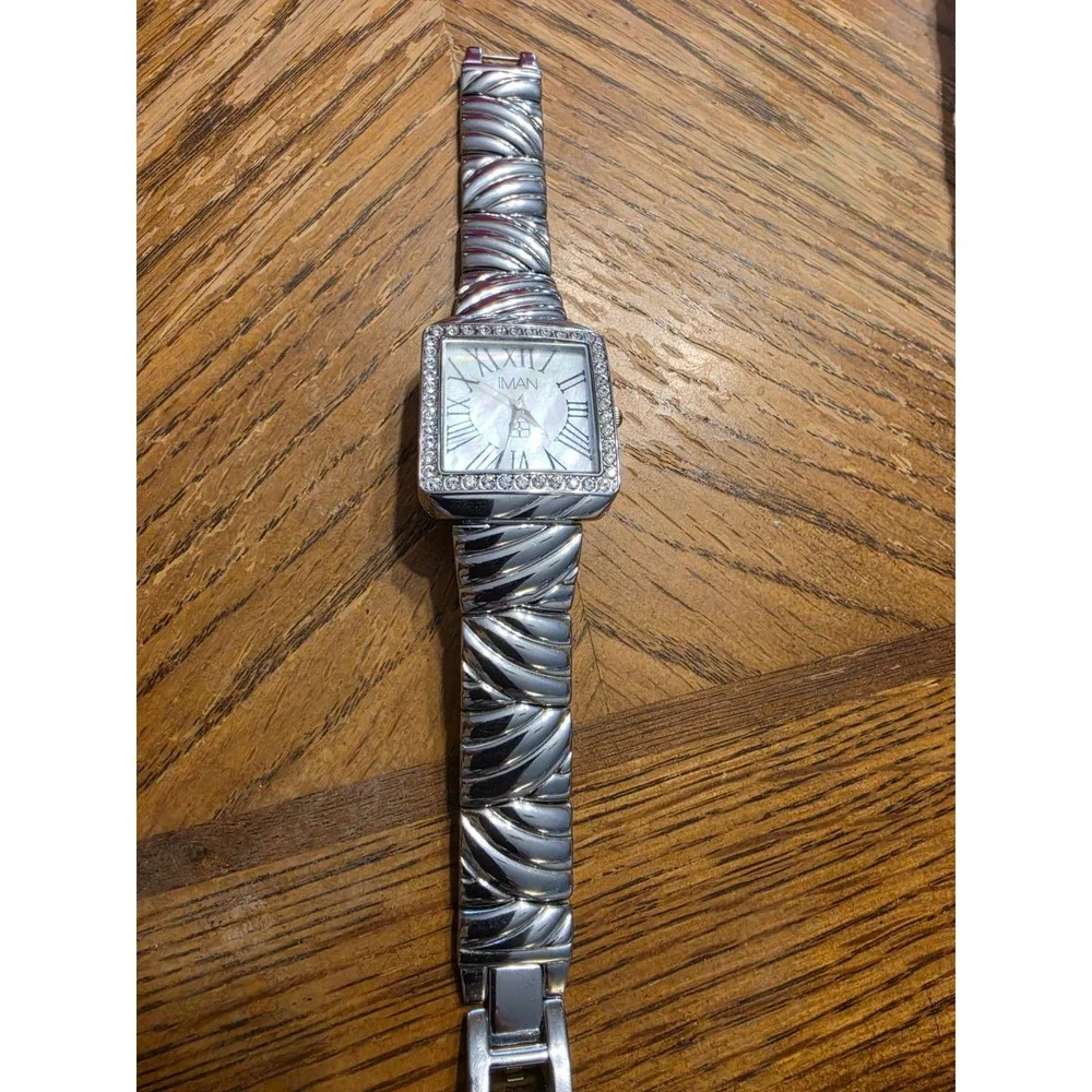 IMAN Silver Tone Rhinestone Women's Fasion Statement Dress Watch MoP Face NEW...